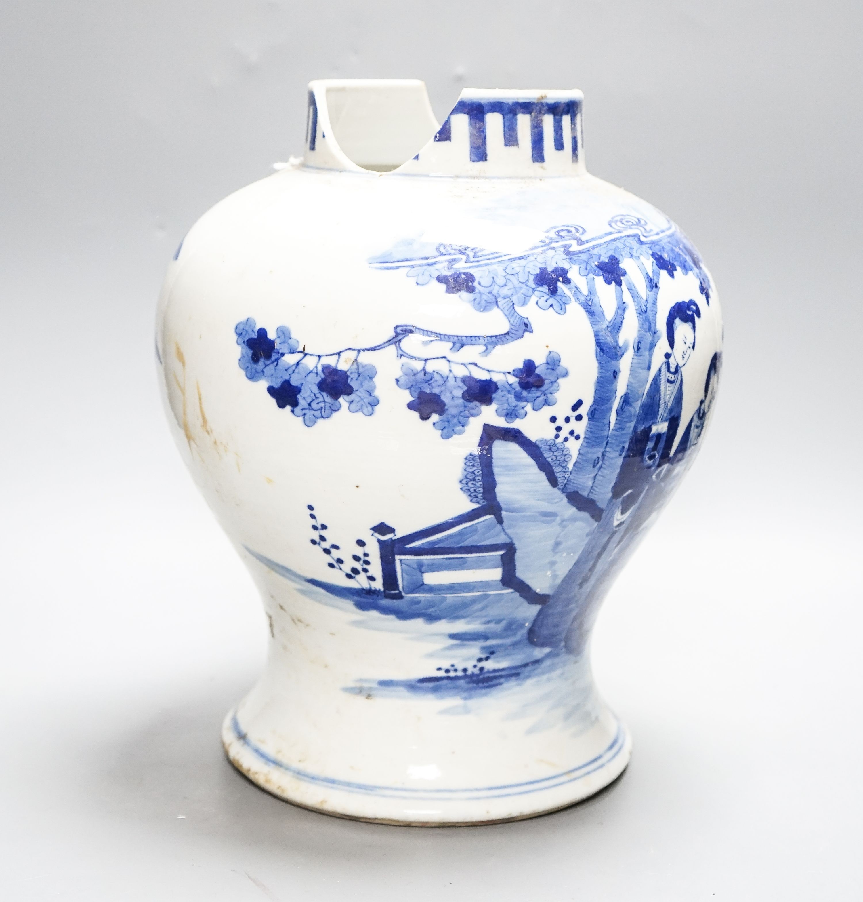 A large 19th century Chinese blue and white vase, damaged 31cm